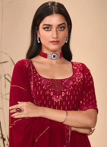 Maroon Red Embroidered Stylish Palazzo Suit