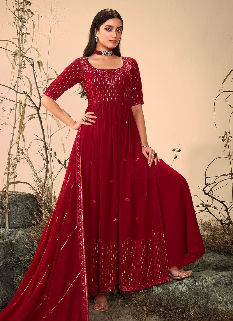 Maroon Red Embroidered Stylish Palazzo Suit