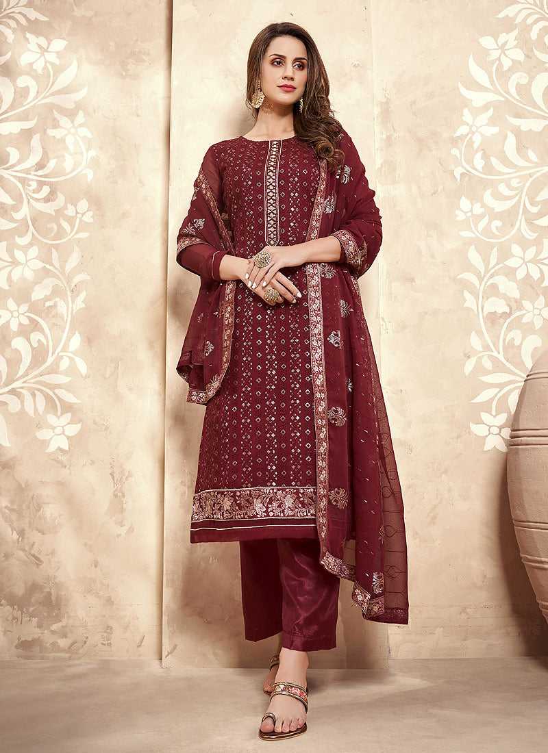 Maroon Straight Cut Embroidered Pant Style Suit fashionandstylish.myshopify.com