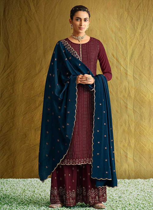 Maroon and Blue Embroidered Stylish Palazzo Style Suit fashionandstylish.myshopify.com