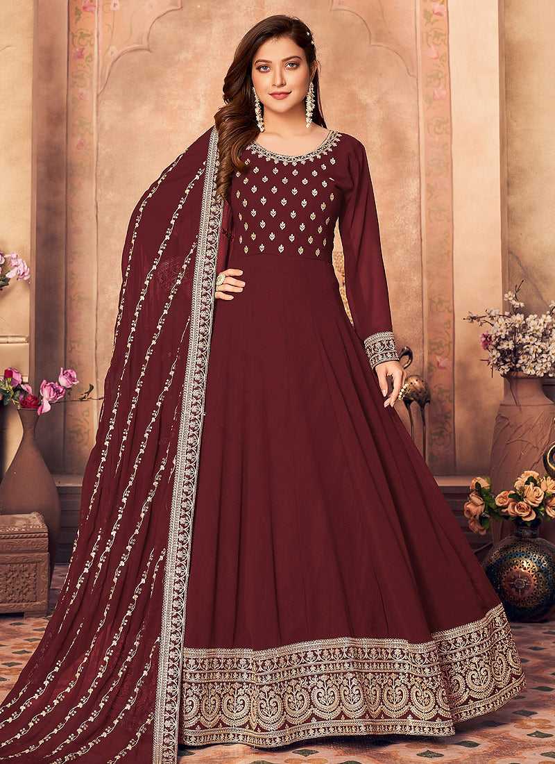 Maroon and Gold Embroidered Flaire Anarkali Suit fashionandstylish.myshopify.com