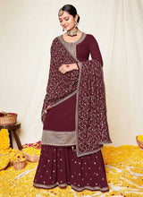 Load image into Gallery viewer, Maroon and Gold Embroidered Gharara Suit fashionandstylish.myshopify.com
