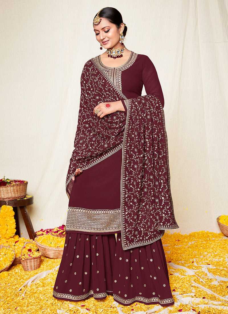 Maroon and Gold Embroidered Gharara Suit fashionandstylish.myshopify.com