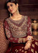 Load image into Gallery viewer, Maroon and Gold Embroidered Kalidar Designer Anarkali Suit fashionandstylish.myshopify.com
