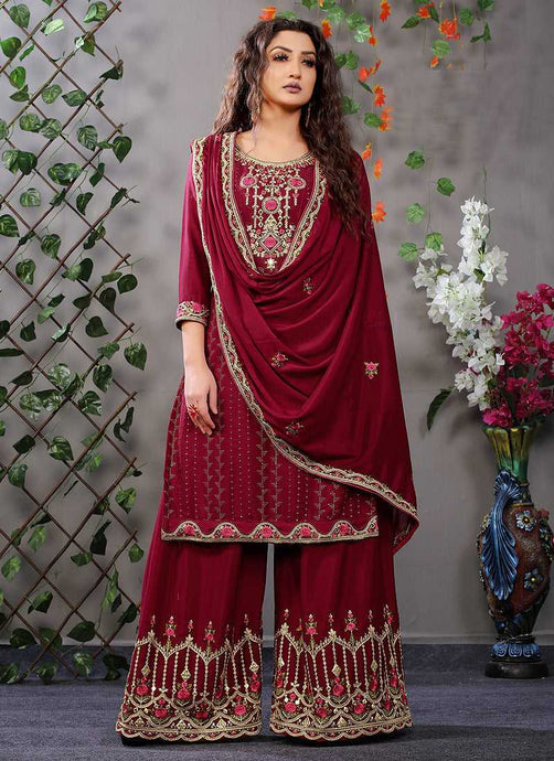 Maroon and Gold Embroidered Stylish Palazzo Suit fashionandstylish.myshopify.com