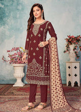 Load image into Gallery viewer, Maroon and Gold Embroidered Trendy Pant Style Suit fashionandstylish.myshopify.com
