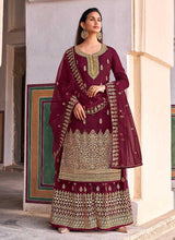 Load image into Gallery viewer, Maroon and Gold Heavy Embroidered Designer Palazzo Style Suit fashionandstylish.myshopify.com

