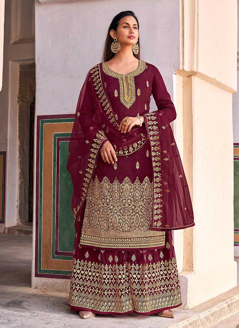 Maroon and Gold Heavy Embroidered Designer Palazzo Style Suit fashionandstylish.myshopify.com