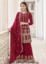 Load image into Gallery viewer, Maroon and Gold Heavy Embroidered Palazzo Style Suit fashionandstylish.myshopify.com
