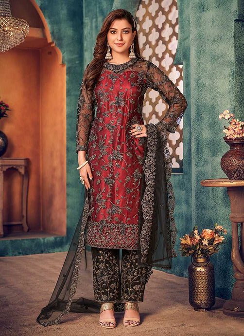 Maroon and Black Heavy Embroidered Pant Style Suit fashionandstylish.myshopify.com