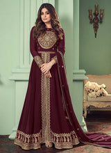 Load image into Gallery viewer, Maroon and Gold Heavy Embroidered Slit Style Anarkali fashionandstylish.myshopify.com
