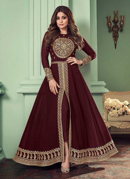 Maroon and Gold Heavy Embroidered Slit Style Anarkali fashionandstylish.myshopify.com