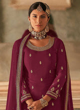 Load image into Gallery viewer, Maroon and Gold Heavy Embroidered Stylish Palazzo Suit fashionandstylish.myshopify.com
