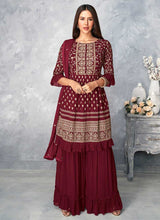 Load image into Gallery viewer, Maroon and Gold Heavy Embroidered Stylish Palazzo Suit fashionandstylish.myshopify.com
