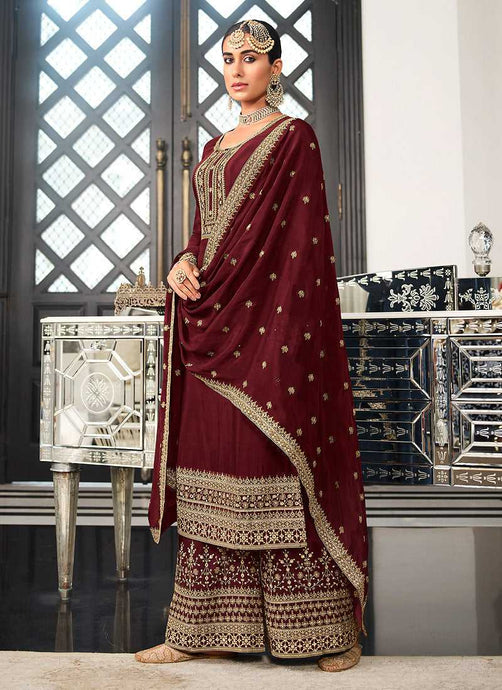 Maroon and Gold Heavy Embroidered Stylish Palazzo Suit fashionandstylish.myshopify.com