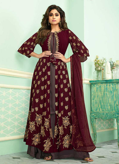 Maroon and Grey Heavy Embroidered Jacket Style Plazzo Suit fashionandstylish.myshopify.com