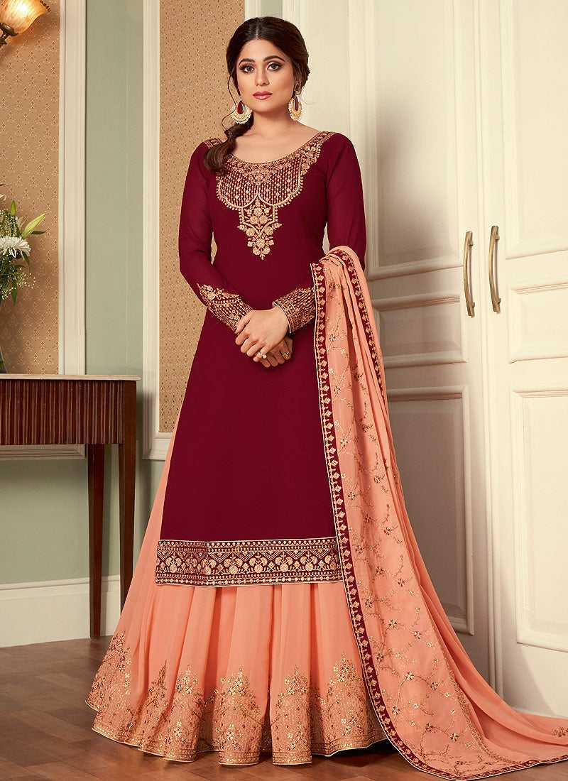 Maroon and Peach Embroidered Lehenga Style Anarkali Suit(Indian Dress) Maroon / Stone / Georgette