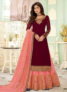 Maroon and Pink Embroidered Lehenga Style Anarkali Suit fashionandstylish.myshopify.com