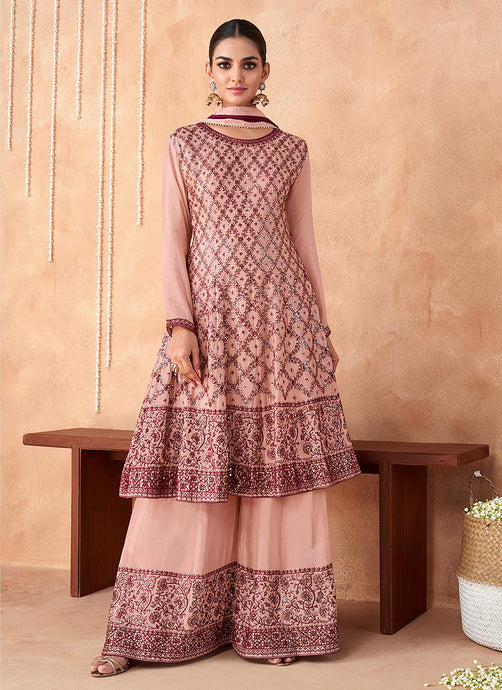 Mauve Embroidered Sharara Style Suit
