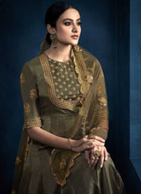 Load image into Gallery viewer, Mehendi Color Kalidar Embroidered Anarkali Style Suit fashionandstylish.myshopify.com
