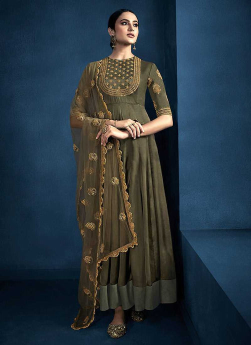 Mehendi Color Kalidar Embroidered Anarkali Style Suit fashionandstylish.myshopify.com