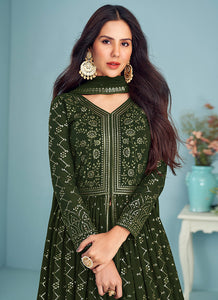 Mehendi Green Sequins Embroidered Kalidar Anarkali