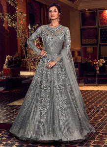 Metallic Grey Heavy Embroidered Gown Style Anarkali Suit fashionandstylish.myshopify.com