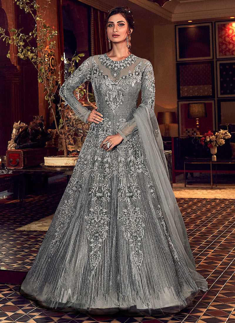 Classic Floral Grey Color American Creep Silk Gown