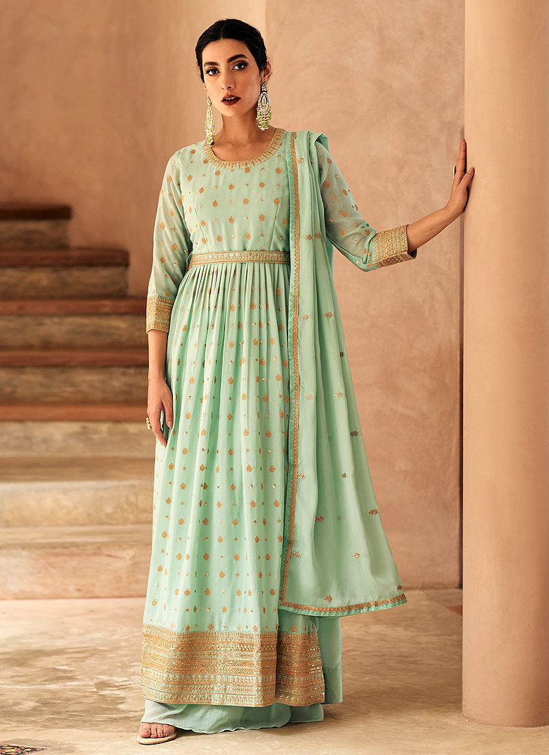 Mint Color Heavy Embroidered Sharara Suit