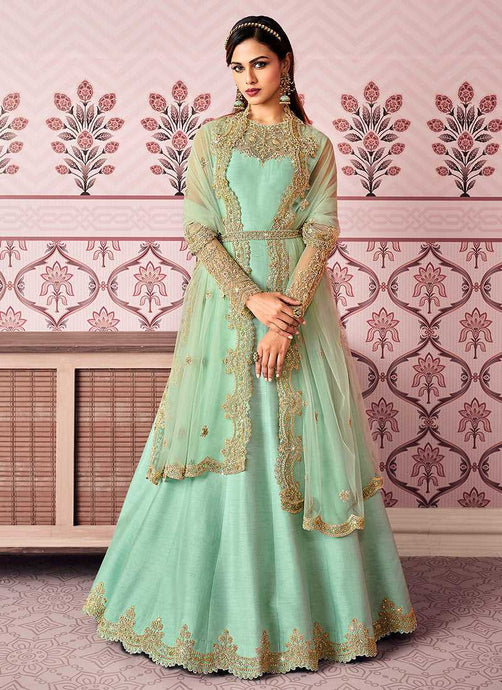 Mint Green Floral Embroidered Designer Floor Touch Anarkali fashionandstylish.myshopify.com