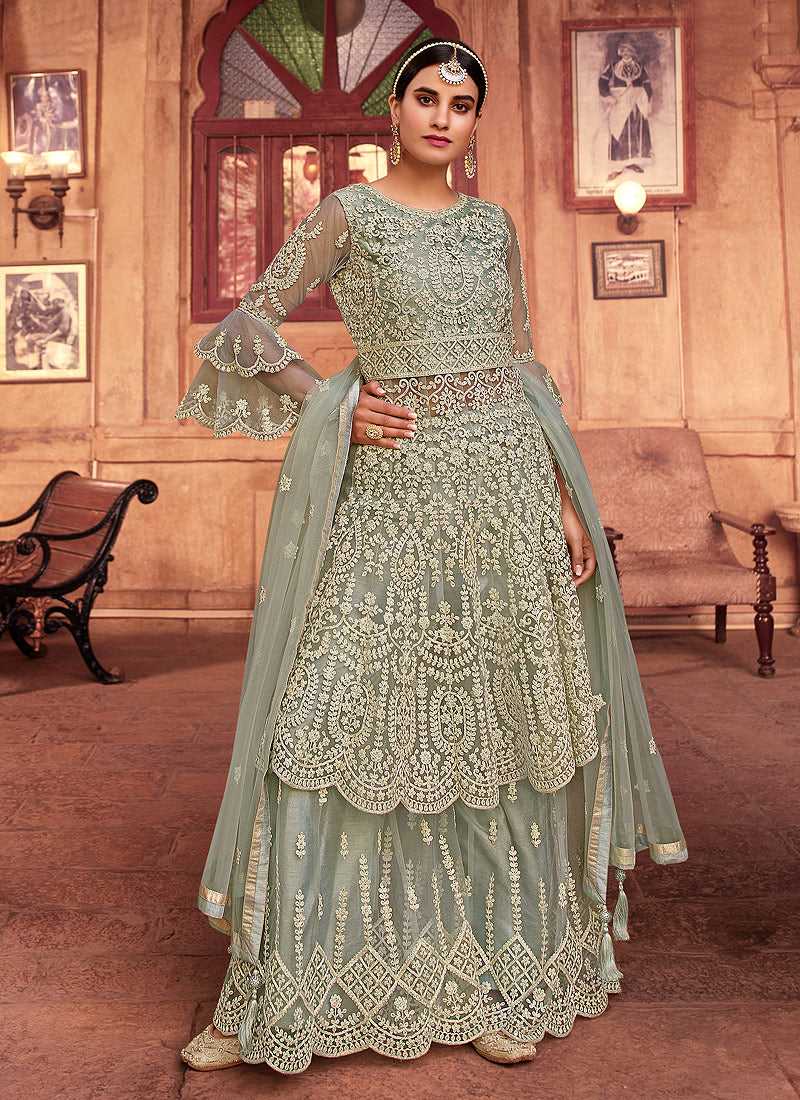 Aqua Green Heavy Embroidered Sharara (Indian Dress) Style Suit. Fashneo Aqua Green Heavy Embroidered Sharara (Indian Dress) Style Suit. Fashneo
