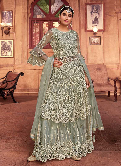 Mint Green Heavy Embroidered Designer Sharara Style Suit fashionandstylish.myshopify.com