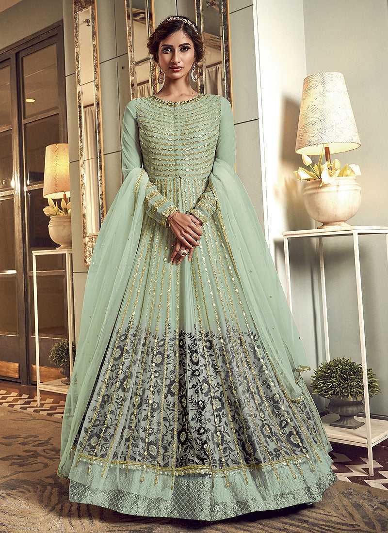 Mint Green Heavy Embroidered Gown Style Anarkali Suit fashionandstylish.myshopify.com