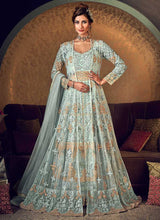 Load image into Gallery viewer, Mint Green Heavy Embroidered Jacket Style Anarkali Suit fashionandstylish.myshopify.com
