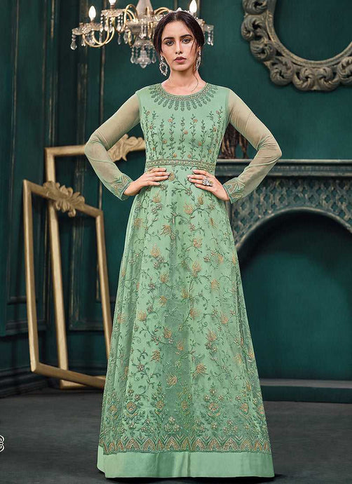 Mint Green Heavy Embroidered Kalidar Anarkali Style Suit fashionandstylish.myshopify.com