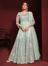Load image into Gallery viewer, Mint Green Heavy Embroidered Kalidar Anarkali
