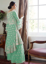 Load image into Gallery viewer, Mint Green Heavy Embroidered Sharara Style Suit fashionandstylish.myshopify.com

