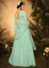 Load image into Gallery viewer, Mint Green and Gold Heavy Embroidered Kalidar Lehenga Style Anarkali fashionandstylish.myshopify.com
