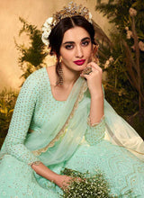 Load image into Gallery viewer, Mint Green and Gold Heavy Embroidered Kalidar Lehenga Style Anarkali fashionandstylish.myshopify.com
