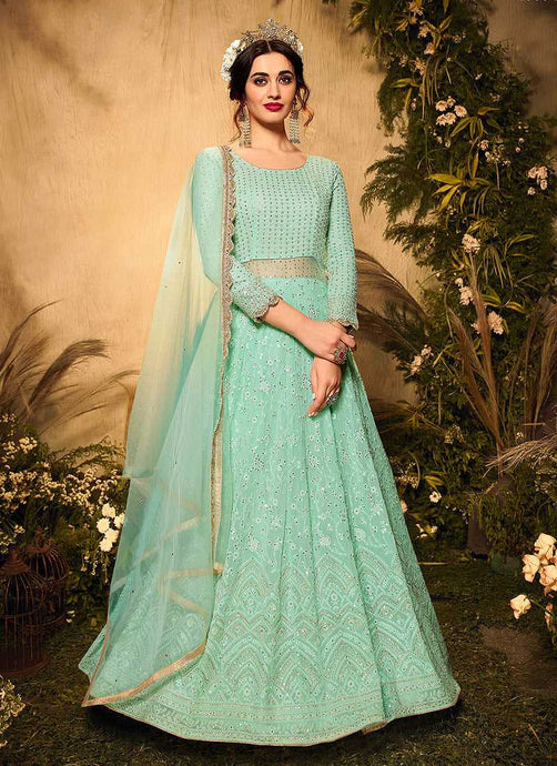 Mint Green and Gold Heavy Embroidered Kalidar Lehenga Style Anarkali fashionandstylish.myshopify.com