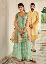 Load image into Gallery viewer, Mint Green and Peach Embroidered Sharara Style Suit fashionandstylish.myshopify.com

