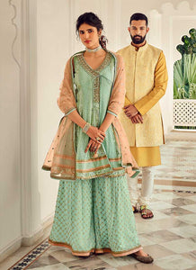 Mint Green and Peach Embroidered Sharara Style Suit fashionandstylish.myshopify.com