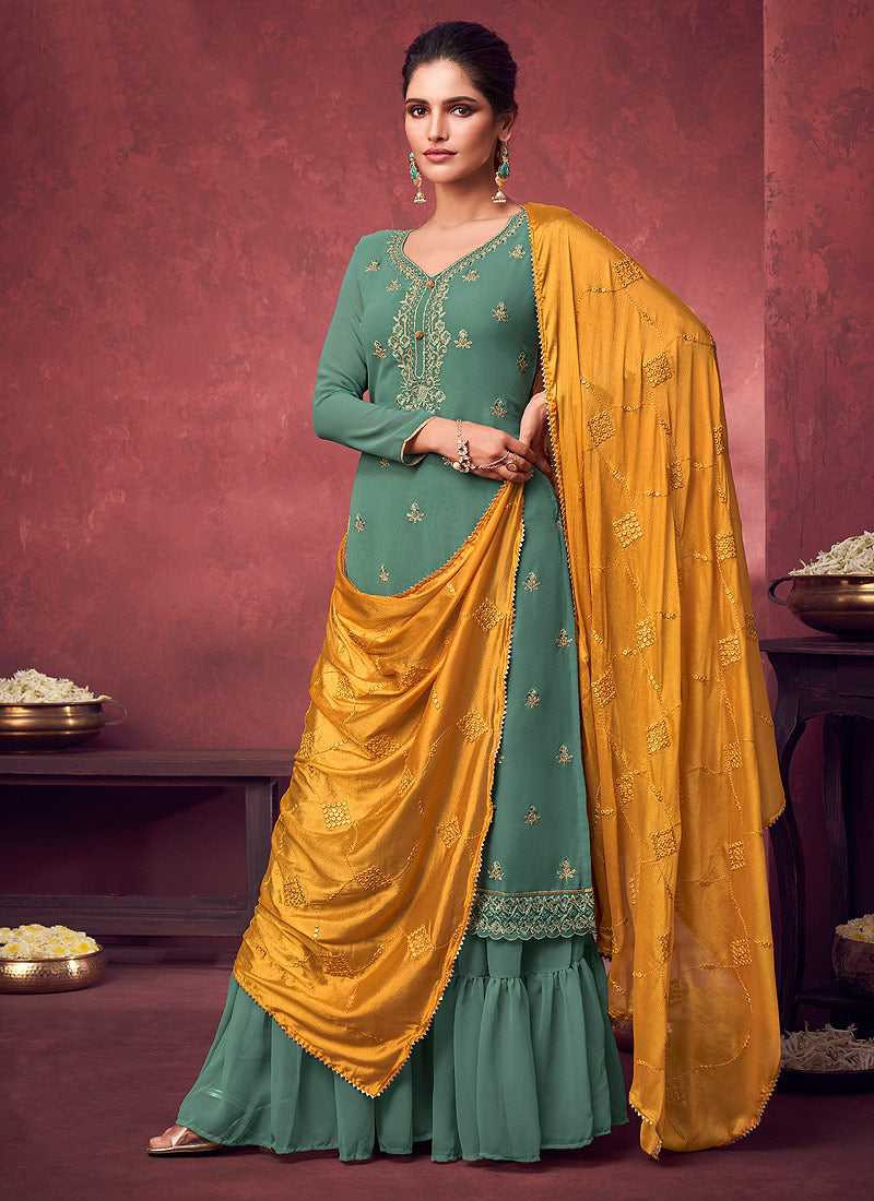 Mint Green and Yellow Embroidered Sharara Style Suit fashionandstylish.myshopify.com