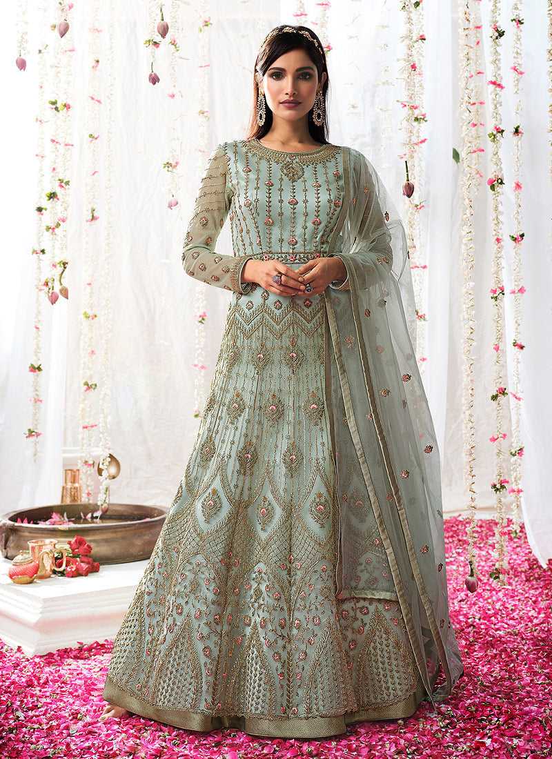 Mint Heavy Embroidered Designer Kalidar Anarkali Suit fashionandstylish.myshopify.com