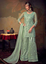 Load image into Gallery viewer, Mint Heavy Embroidered Net Sharara Style Suit fashionandstylish.myshopify.com
