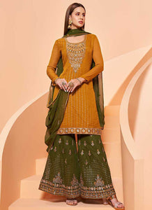 Mustard-Green Sequins Embroidered Gharara Style Suit fashionandstylish.myshopify.com