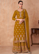 Load image into Gallery viewer, Mustard Embroidered Sharara Style Suit
