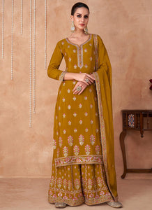 Mustard Embroidered Sharara Style Suit