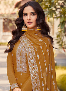 Mustard Heavy Embroidered Designer Silk Pant Suit
