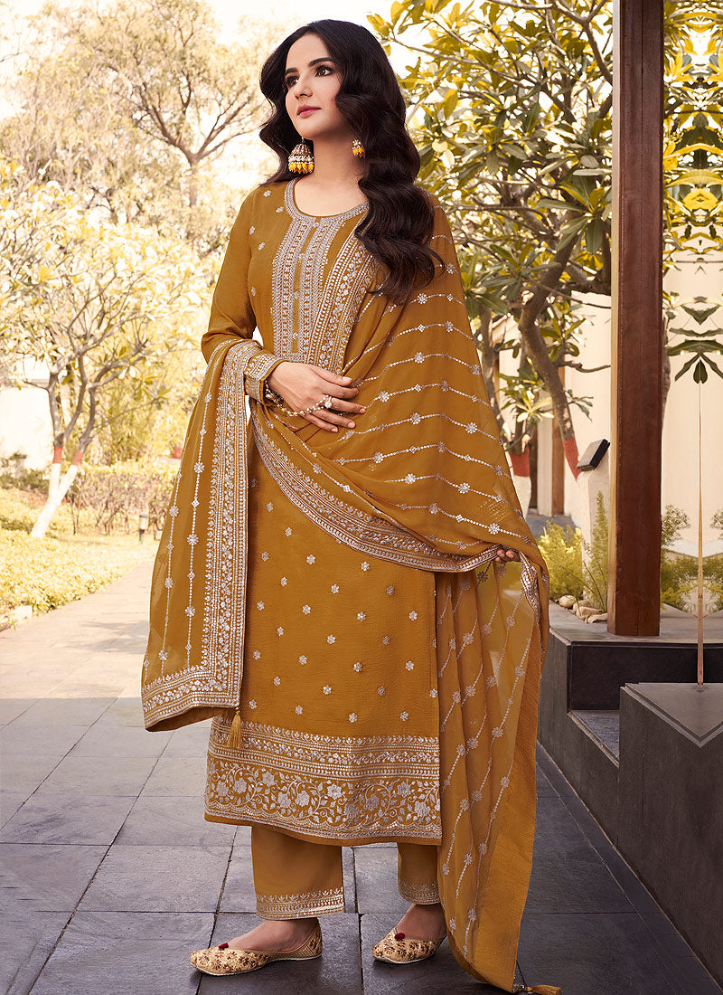 Mustard Heavy Embroidered Designer Silk Pant Suit
